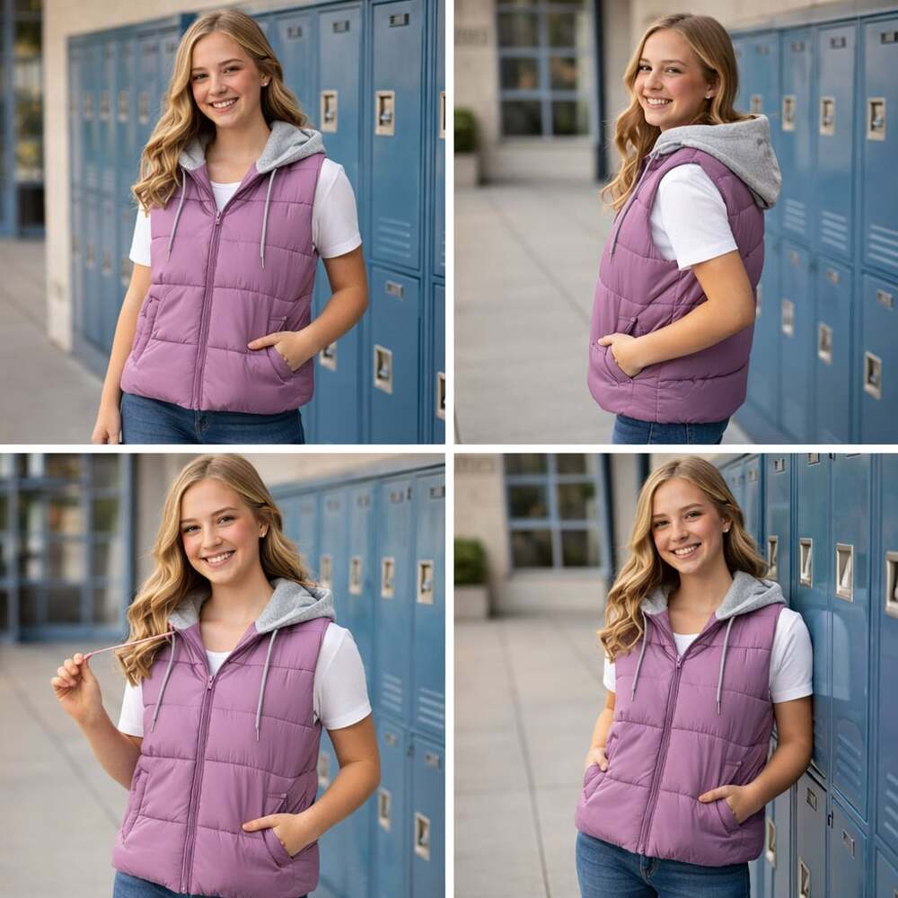 Madden Girl Purple Puffer Vest w/ Gray Hood Juniors XS Quilted Zip Jacket